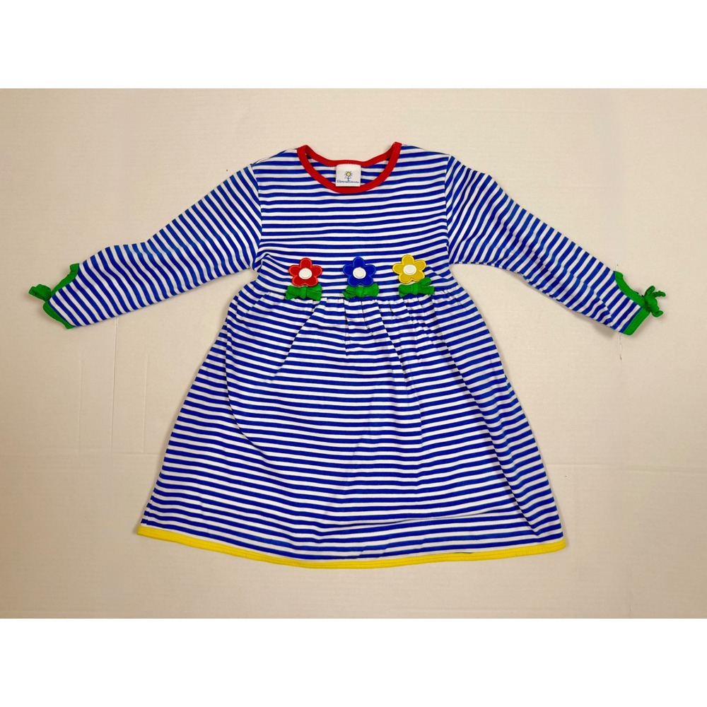 Florence Eiseman Dress Striped Knit 3T Blue White Flower Applique Long Sleeve